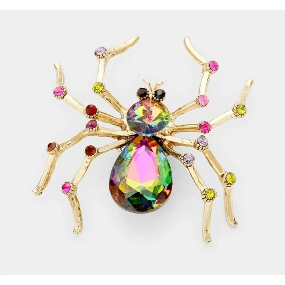 New Womens Boutique Multi-Colored Crystal Gold Halloween Spider Pin Brooch